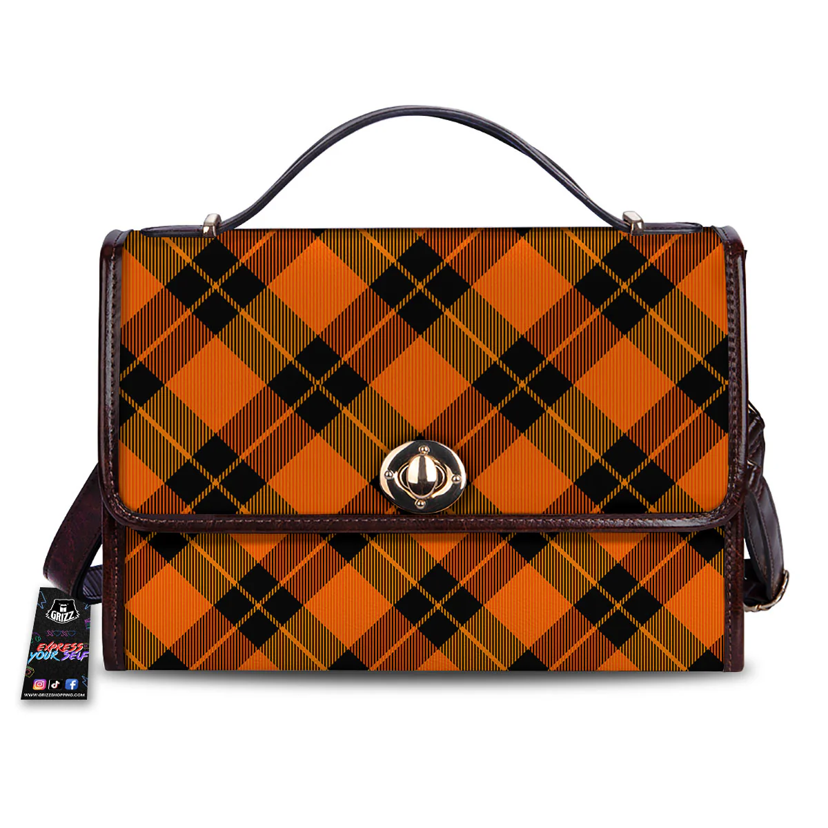 Black And Orange Plaid Print Pattern Women's Satchel Bag