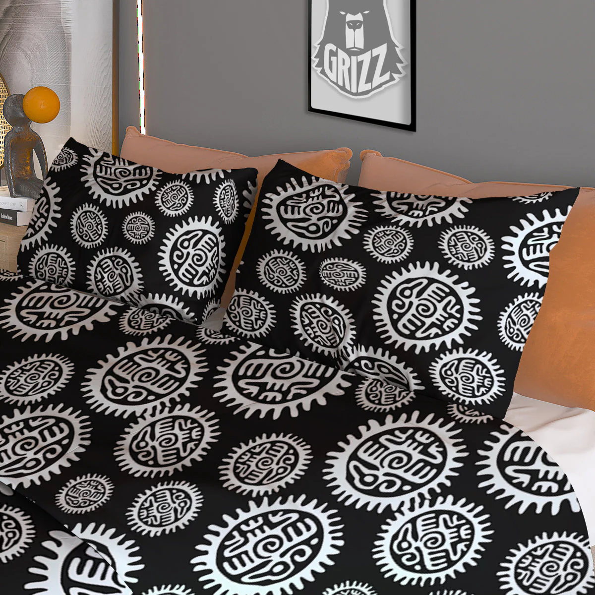 Black And White Aztec Mayan Eagle Print Pattern Duvet Cover Bedding Set - Image 3