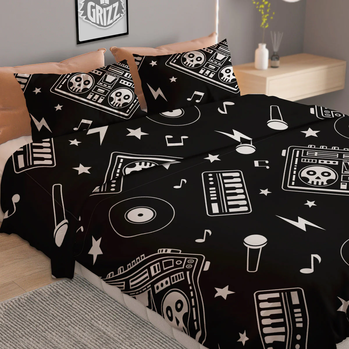 Black And White Boombox Print Pattern Duvet Cover Bedding Set - Image 2