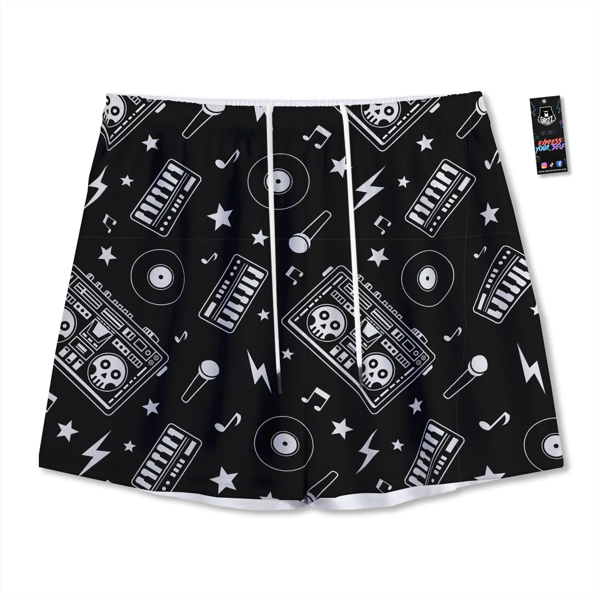 Black And White Boombox Print Pattern Mesh Shorts