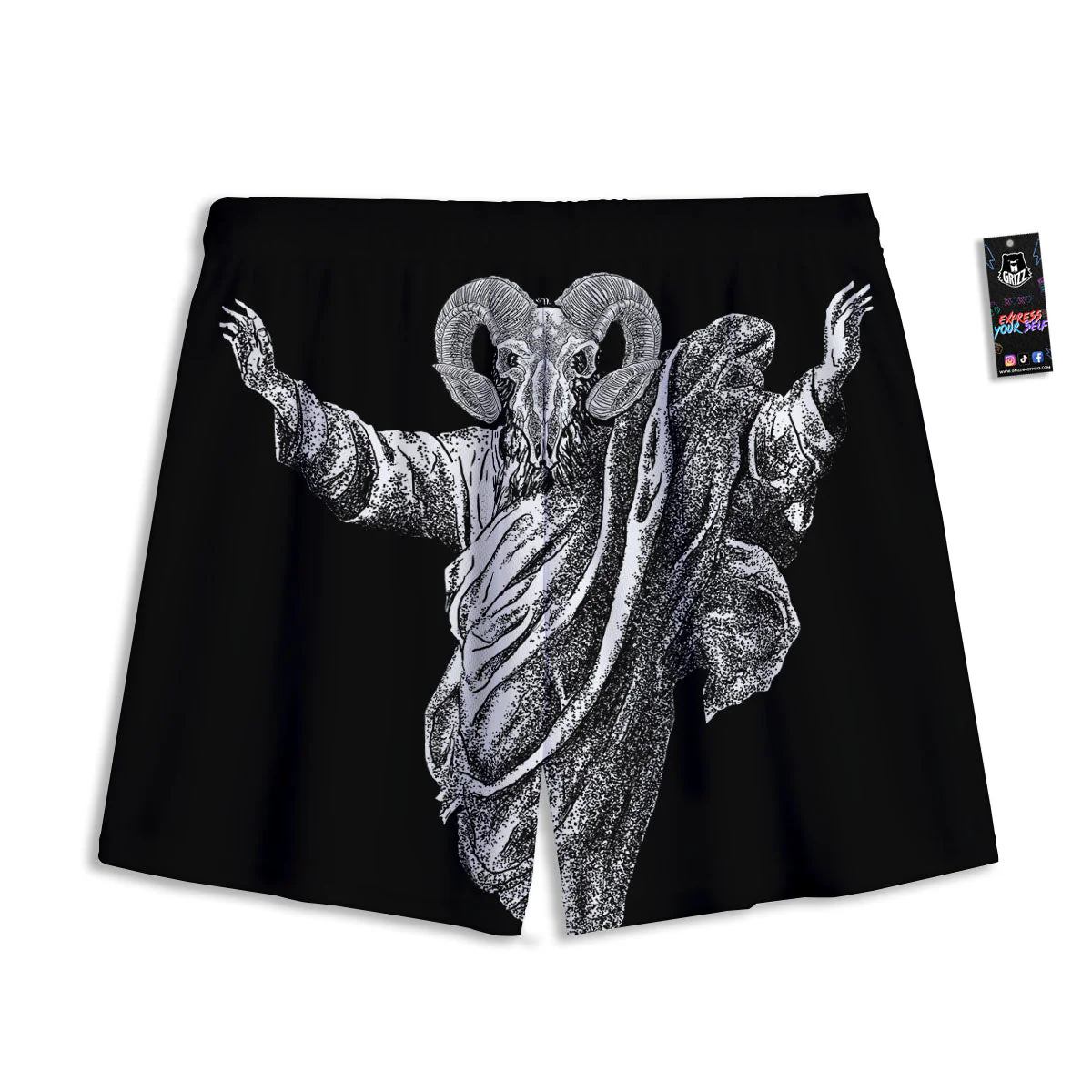 Black And White Demon Goat Print Mesh Shorts - Image 2