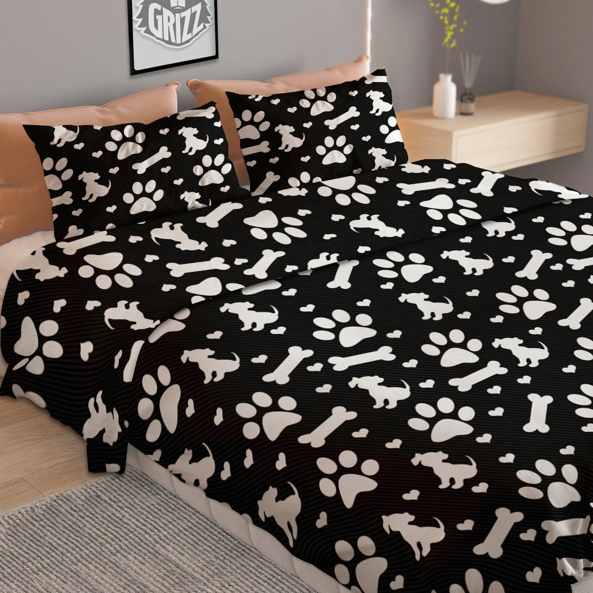Black and White Dog Paw Print Pattern Duvet Cover Bedding Set - Image 2