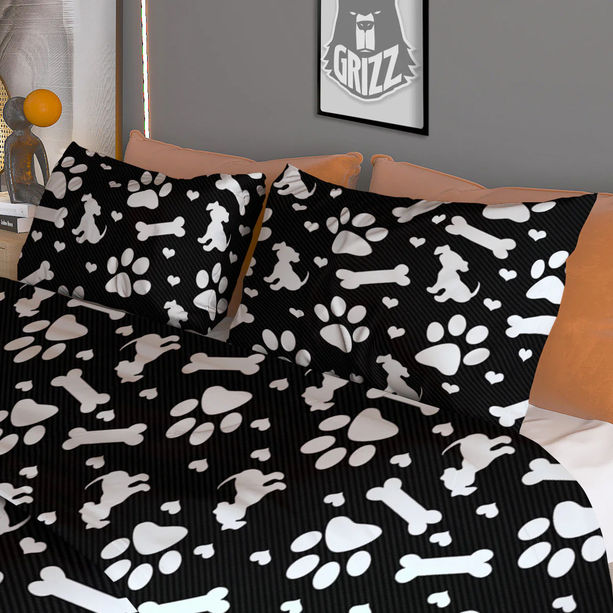 Black and White Dog Paw Print Pattern Duvet Cover Bedding Set - Image 3