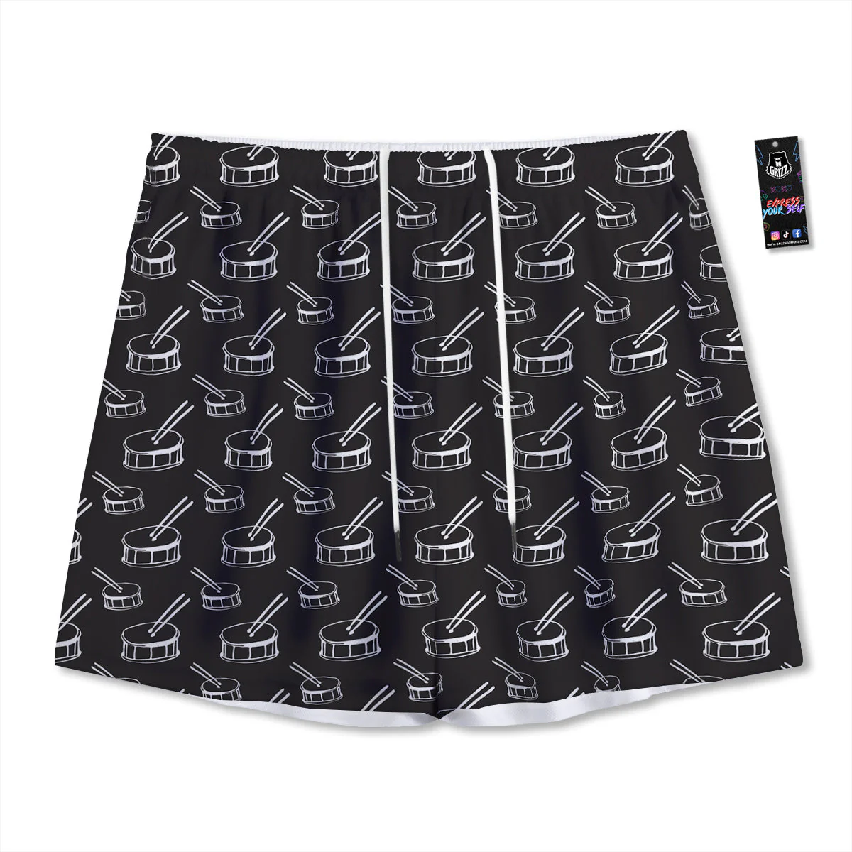 Black And White Drum Print Pattern Mesh Shorts