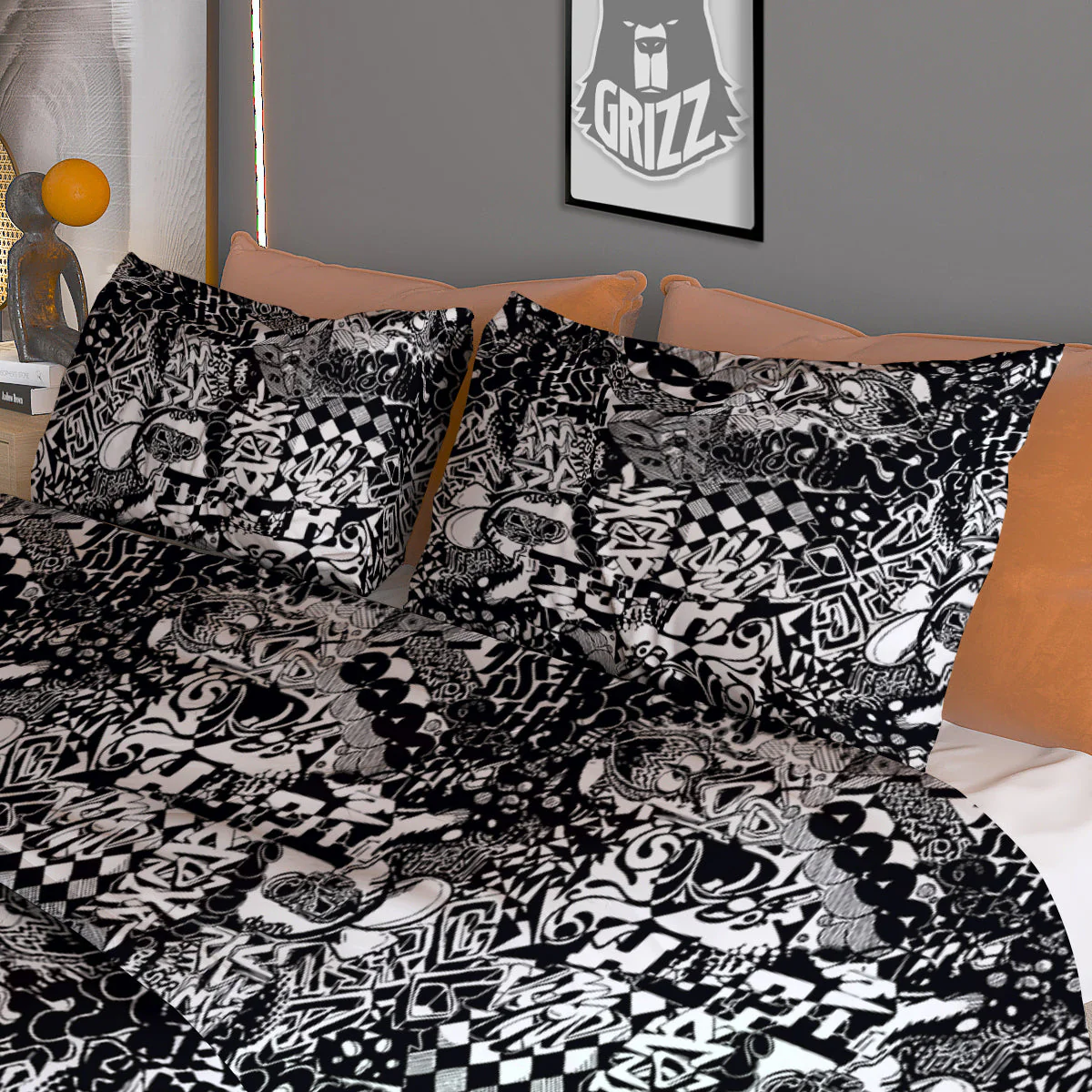 Black and White Graffity Street Art Print Pattern Duvet Cover Bedding Set - Image 3