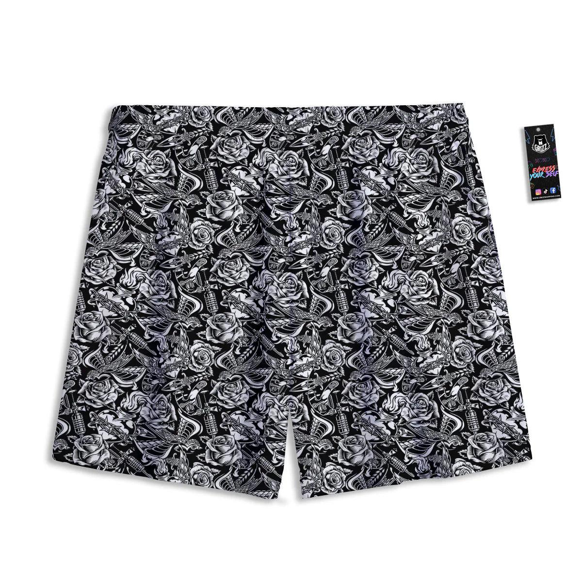 Black And White Oldschool Tattoo Print Pattern Mesh Shorts - Image 2