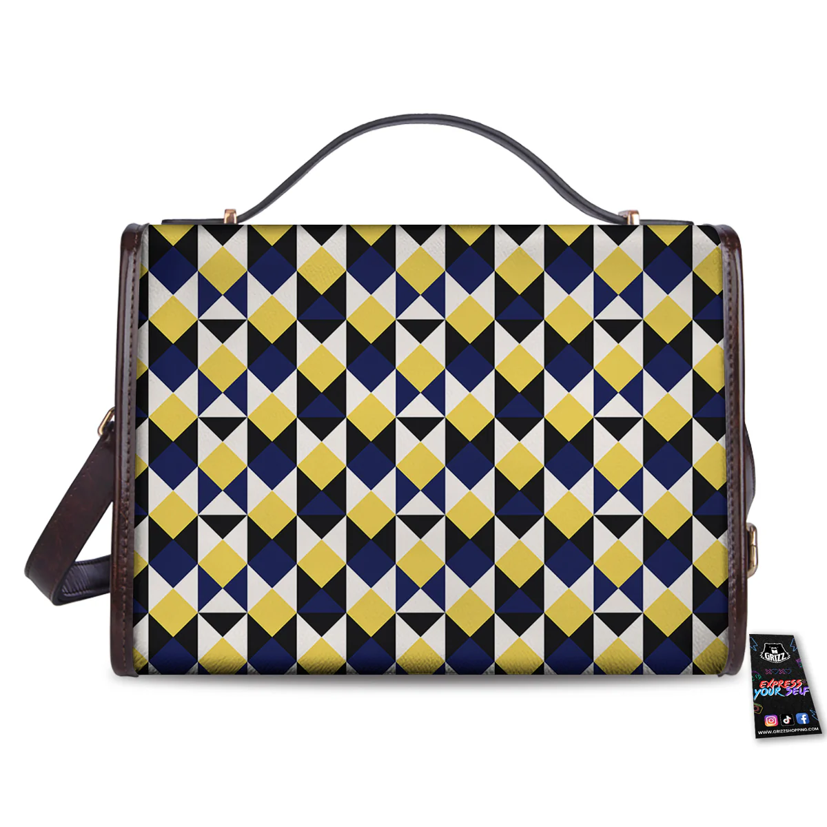 Black Argyle And Blue Yellow Print Pattern Women's Satchel Bag - Image 2