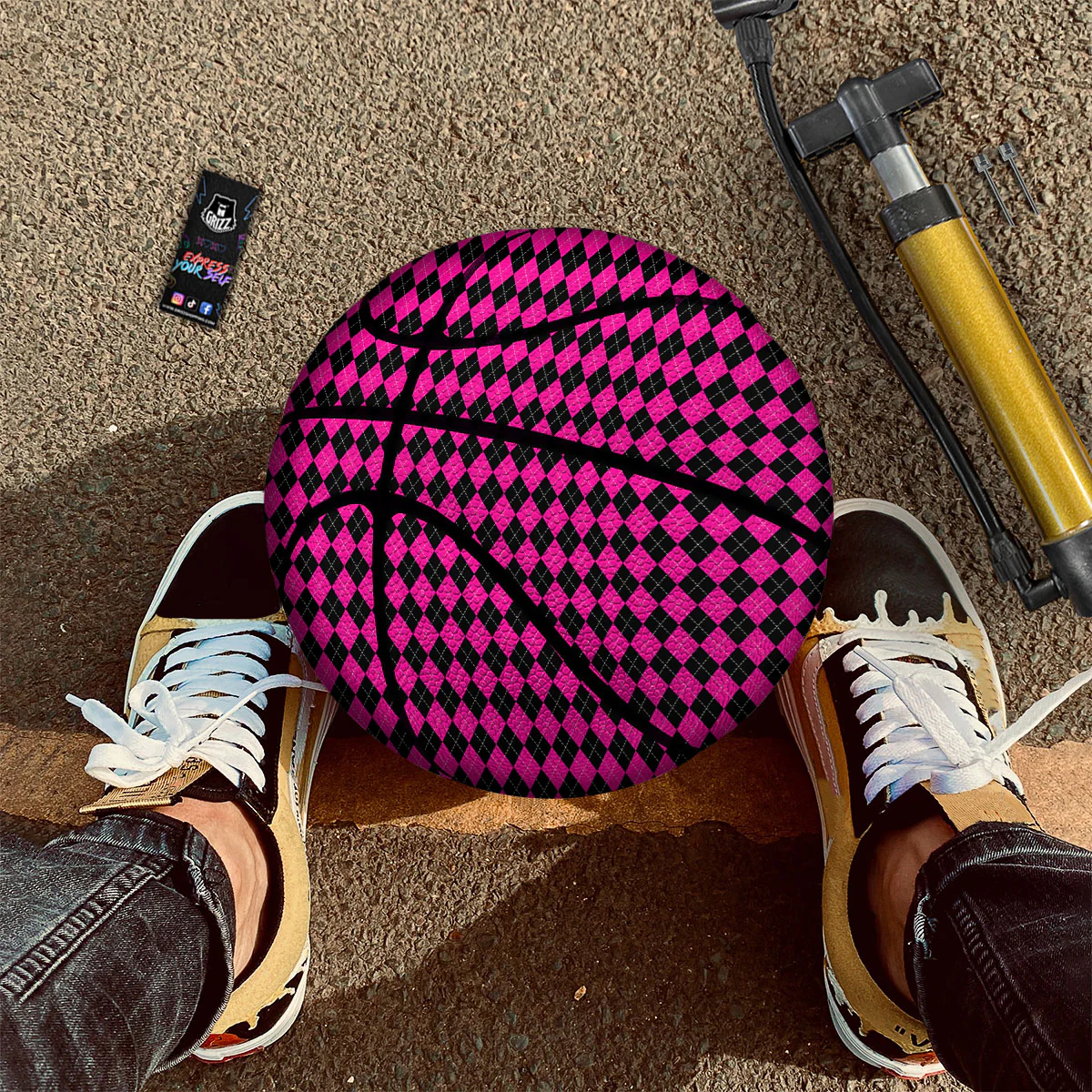 Black Argyle And Deep Pink Print Pattern Basketball - Image 2