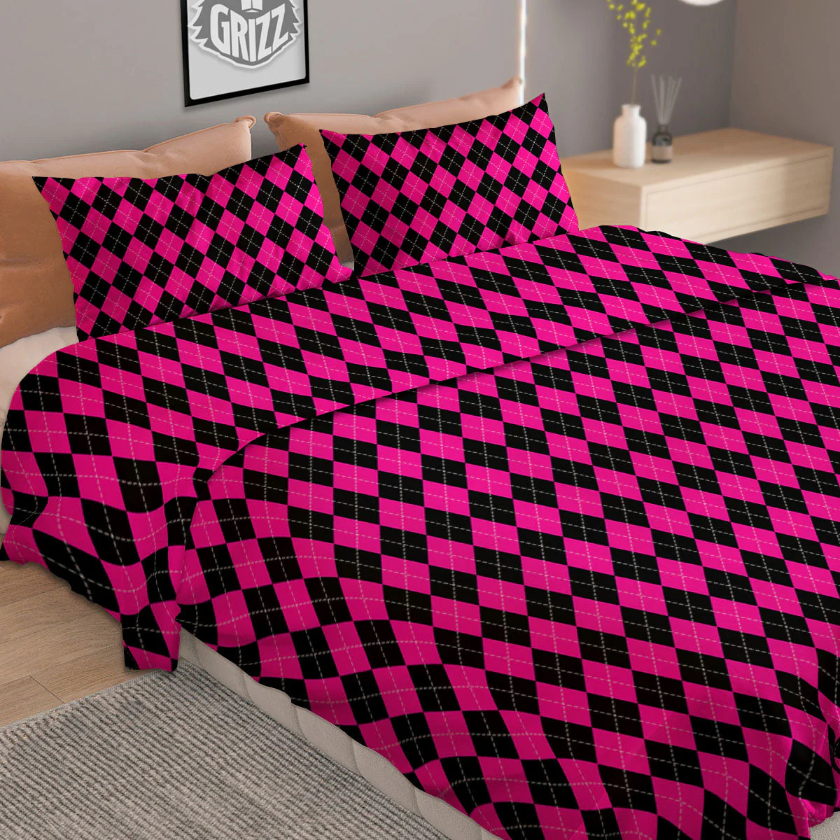 Black Argyle And Deep Pink Print Pattern Duvet Cover Bedding Set - Image 2