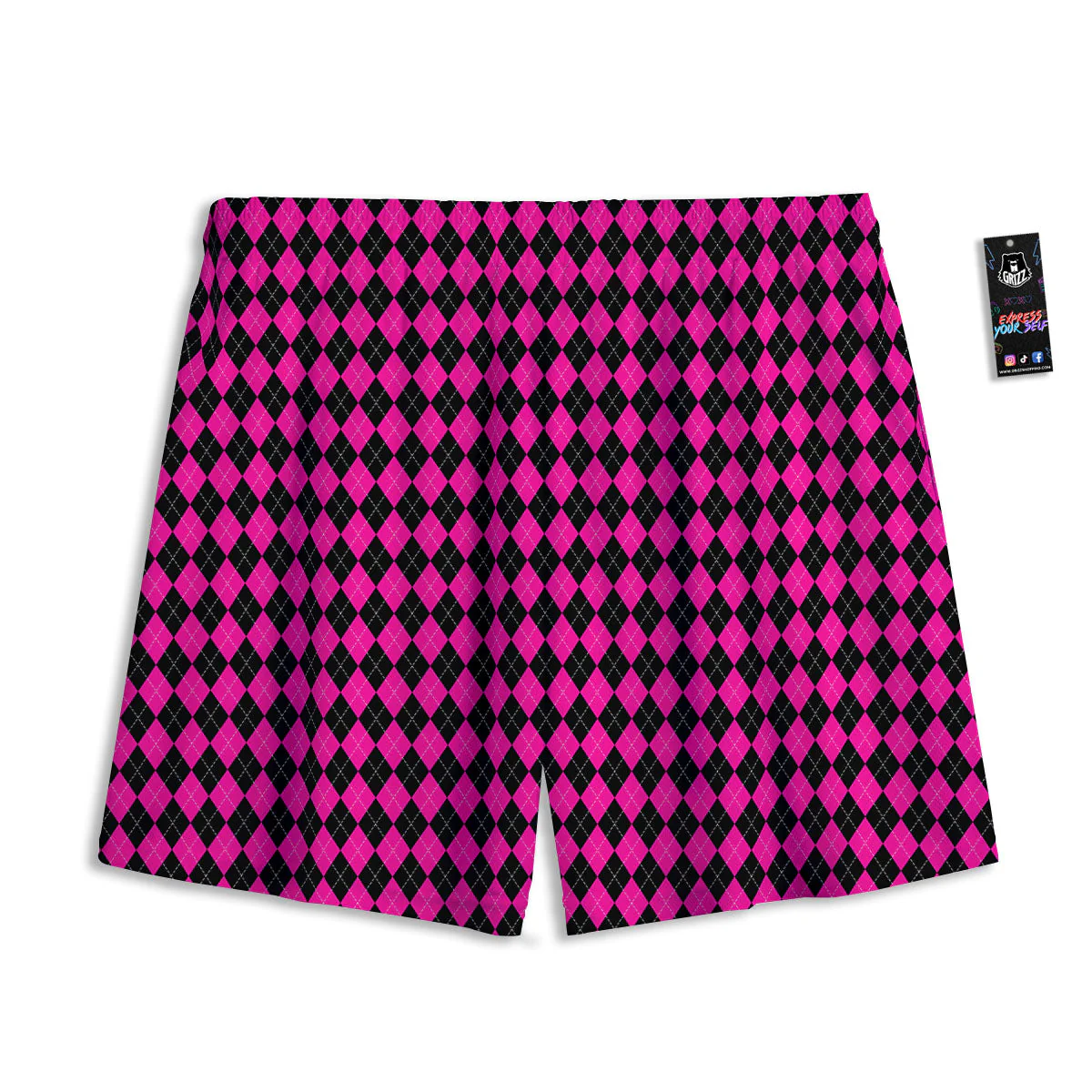 Black Argyle And Deep Pink Print Pattern Mesh Shorts - Image 2