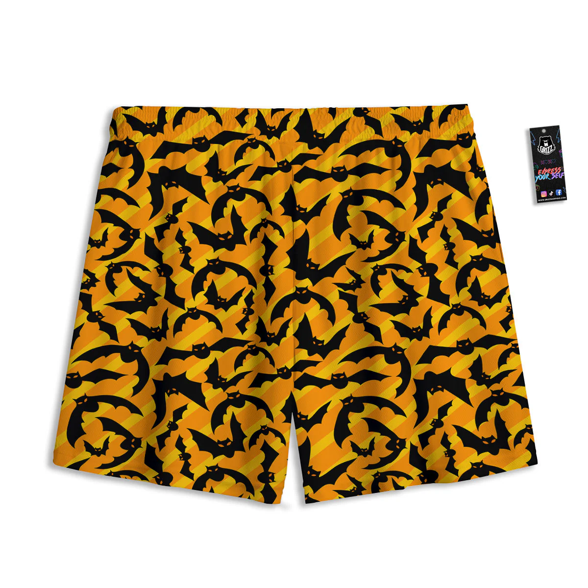Black Bat And Orange Striped Print Pattern Mesh Shorts - Image 2
