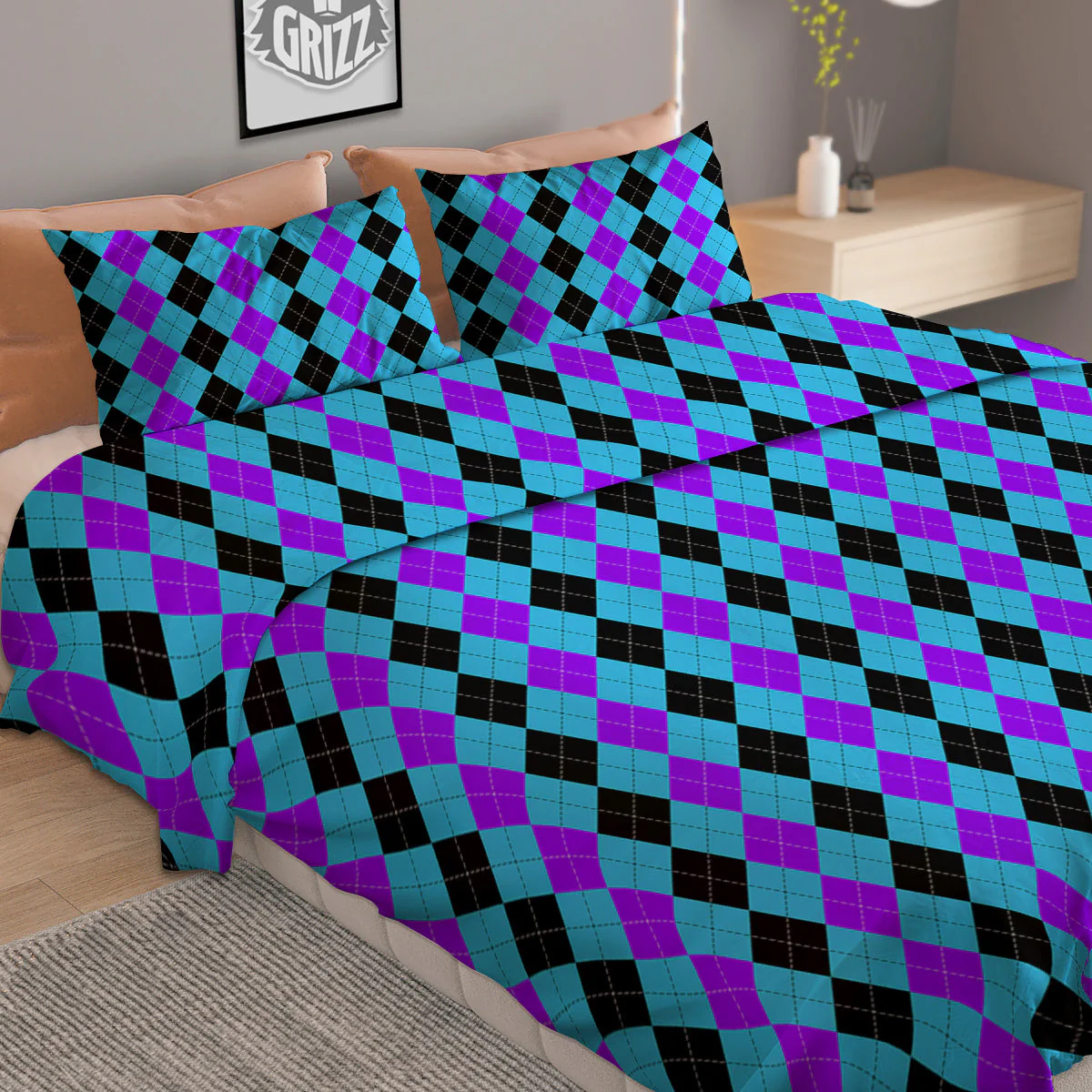 Black Blue And Purple Argyle Print Duvet Cover Bedding Set - Image 2