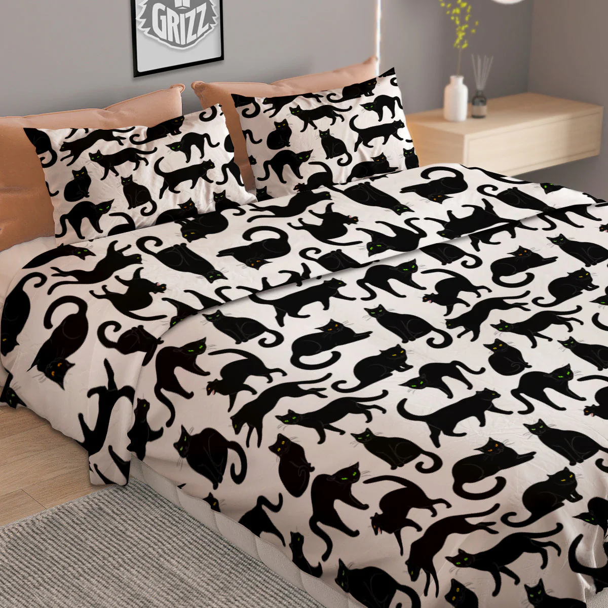 Black Cat And White Print Pattern Duvet Cover Bedding Set - Image 2