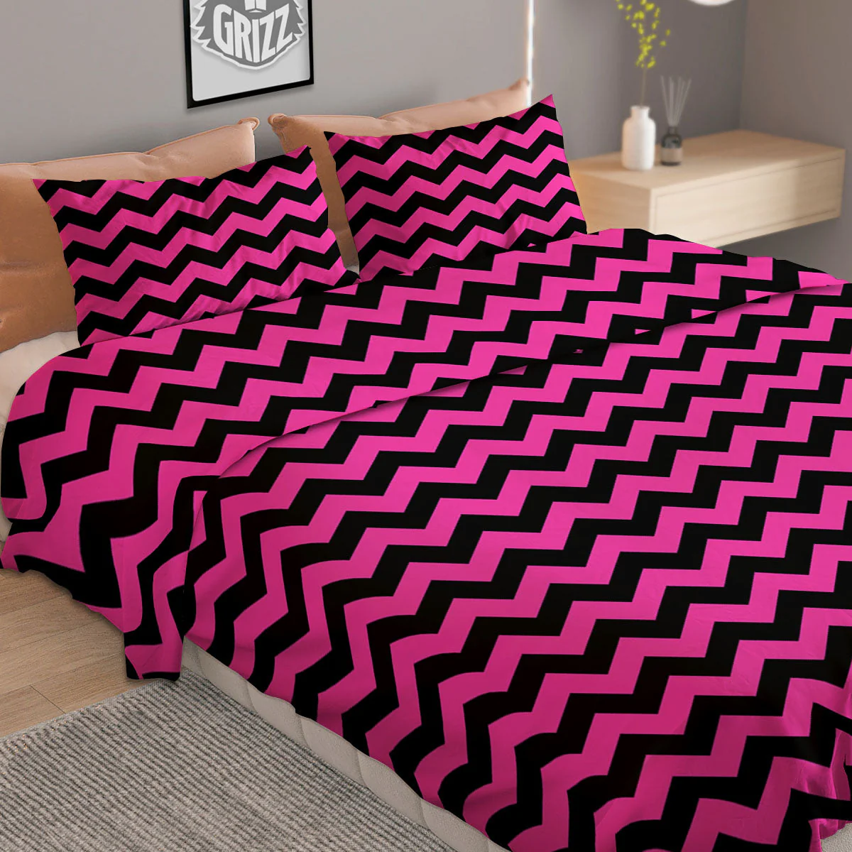 Black Chevron And Hot Pink Print Pattern Duvet Cover Bedding Set - Image 2