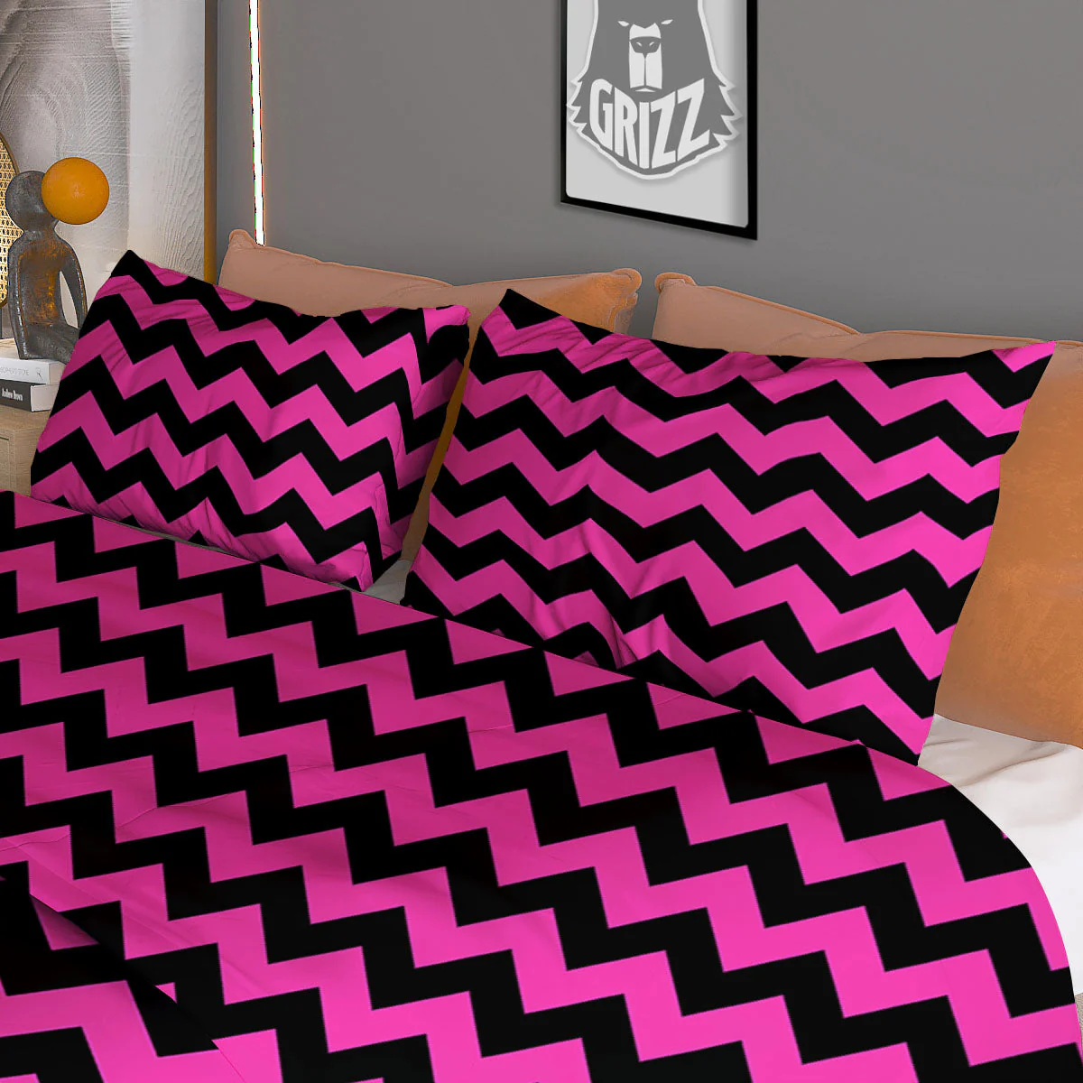 Black Chevron And Hot Pink Print Pattern Duvet Cover Bedding Set - Image 3