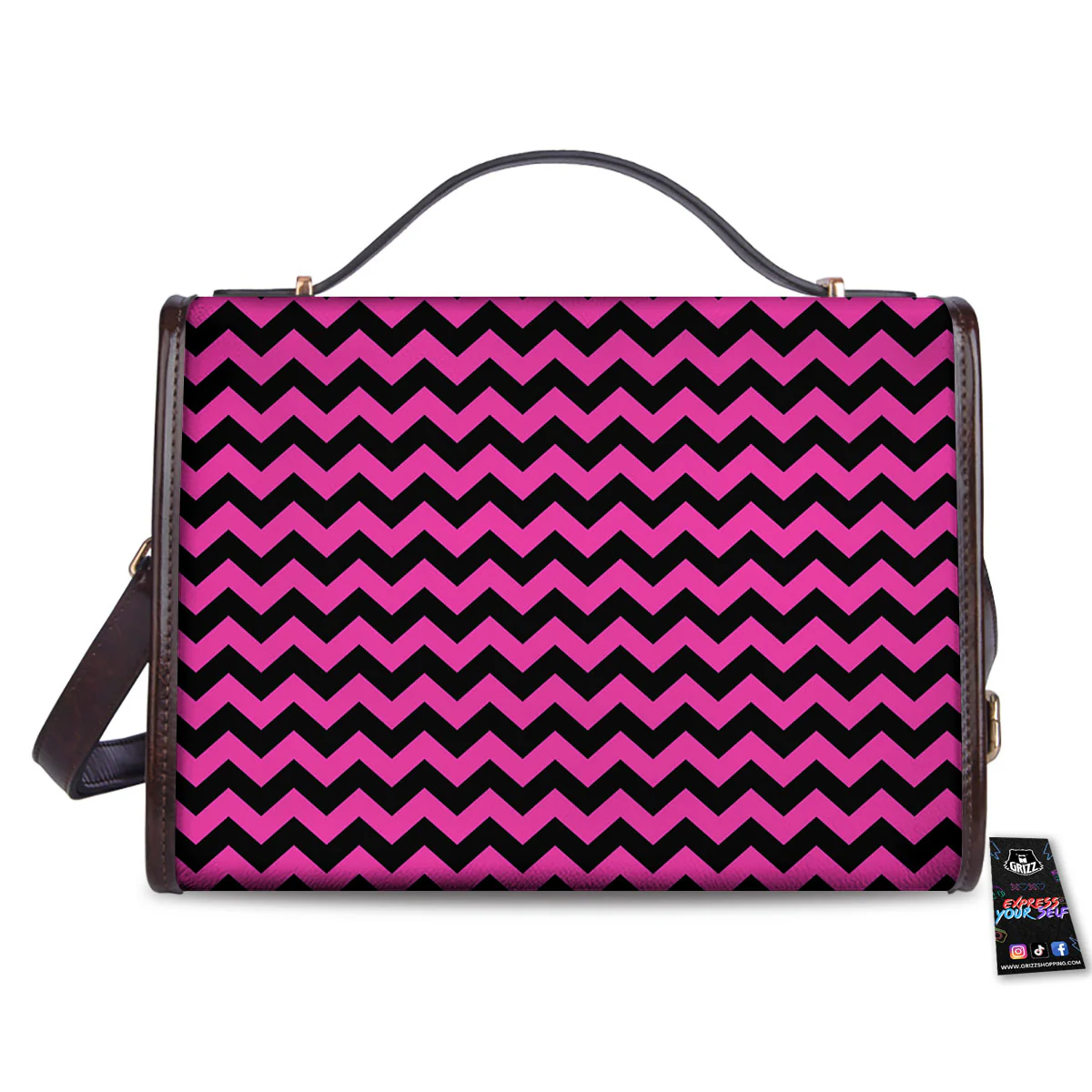 Black Chevron And Hot Pink Print Pattern Women's Satchel Bag - Image 2