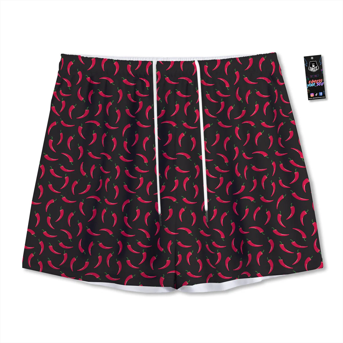 Black Chili Pepper Print Pattern Mesh Shorts