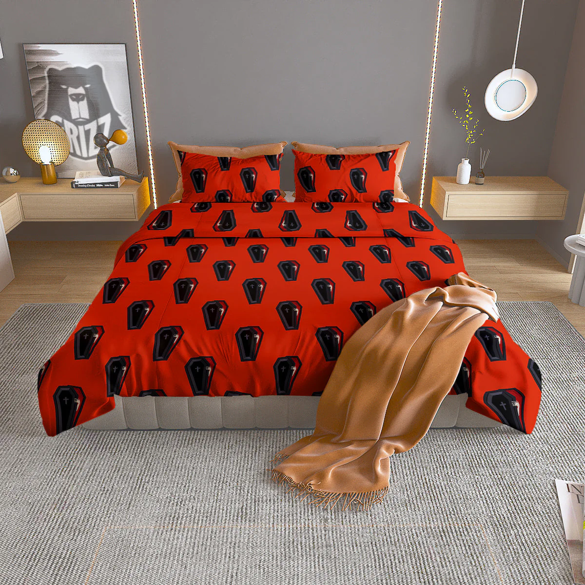 Black Coffin Red Print Pattern Duvet Cover Bedding Set