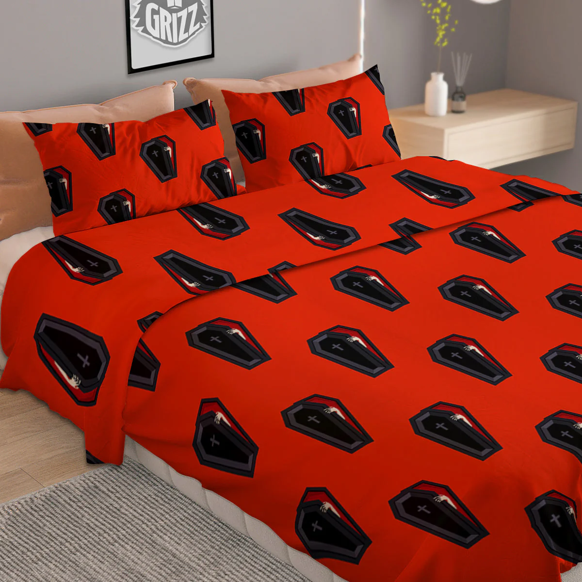 Black Coffin Red Print Pattern Duvet Cover Bedding Set - Image 2
