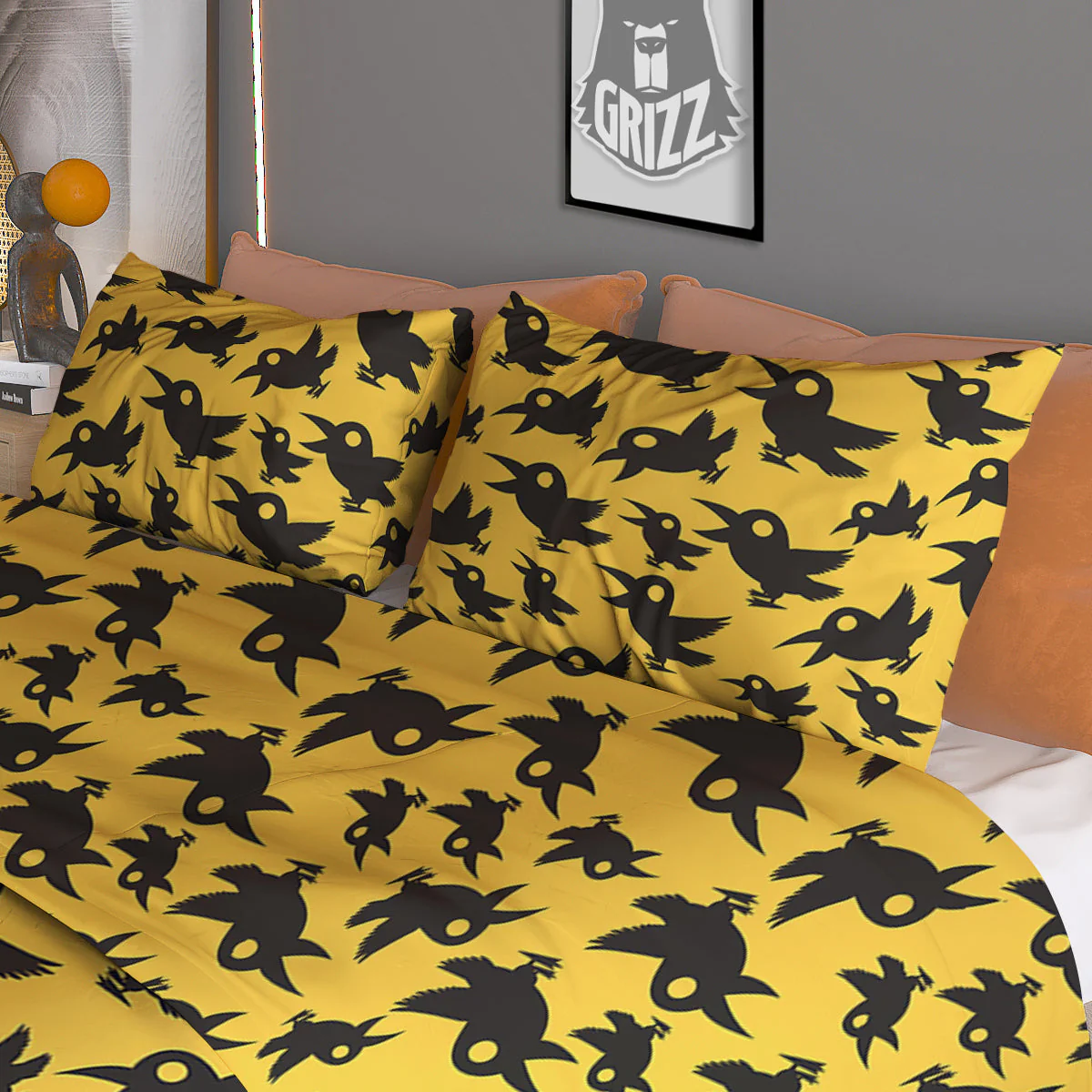 Black Crow Yellow Print Pattern Duvet Cover Bedding Set - Image 3