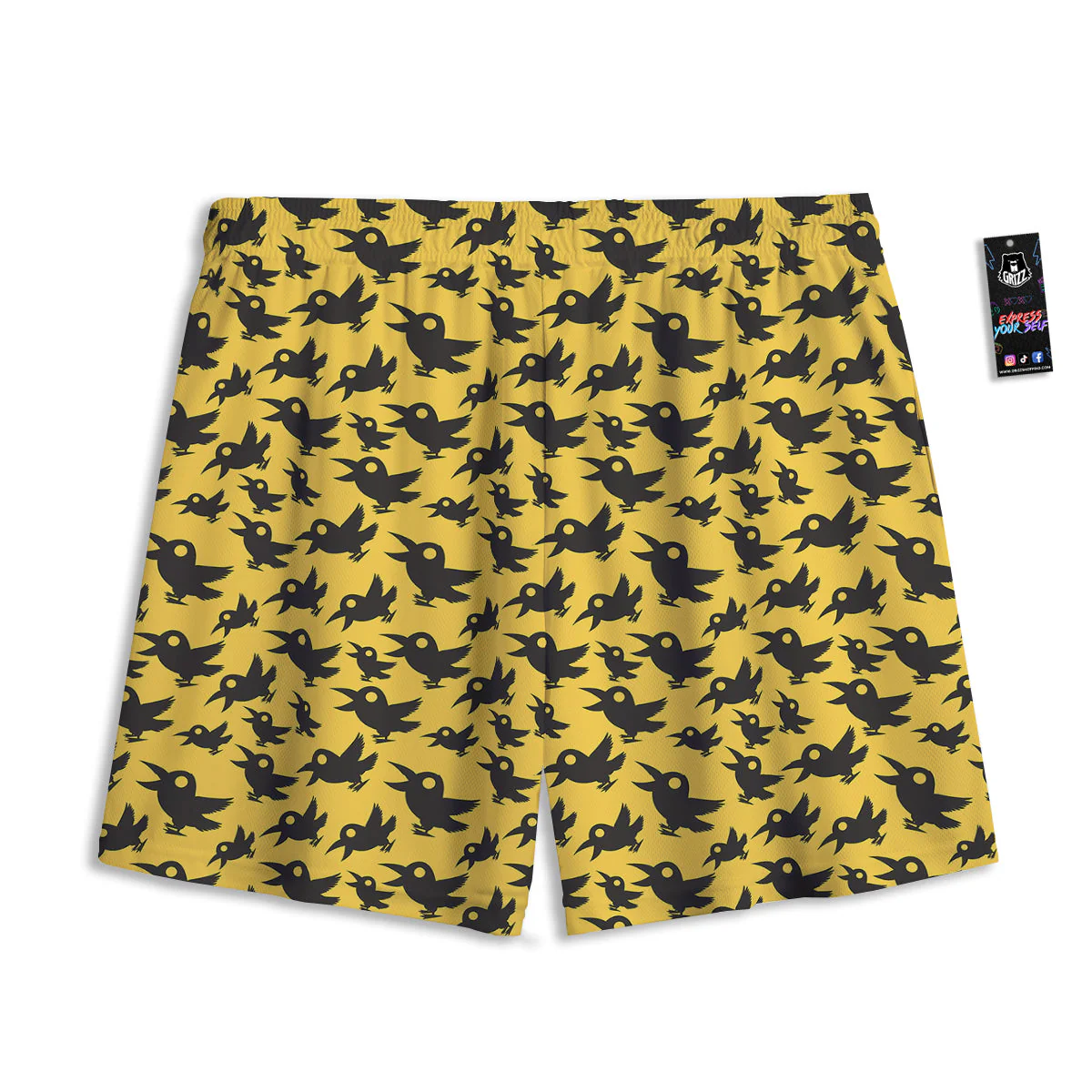 Black Crow Yellow Print Pattern Mesh Shorts - Image 2