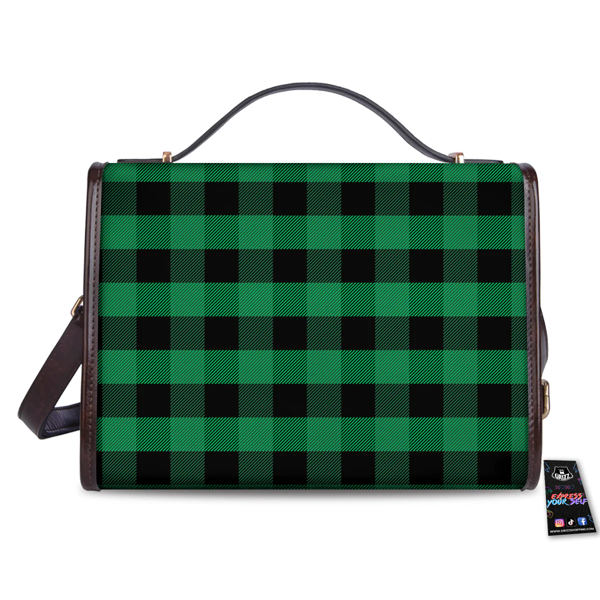 Black Green Buffalo Check And UFO Print Pattern Women's Satchel Bag - Image 2