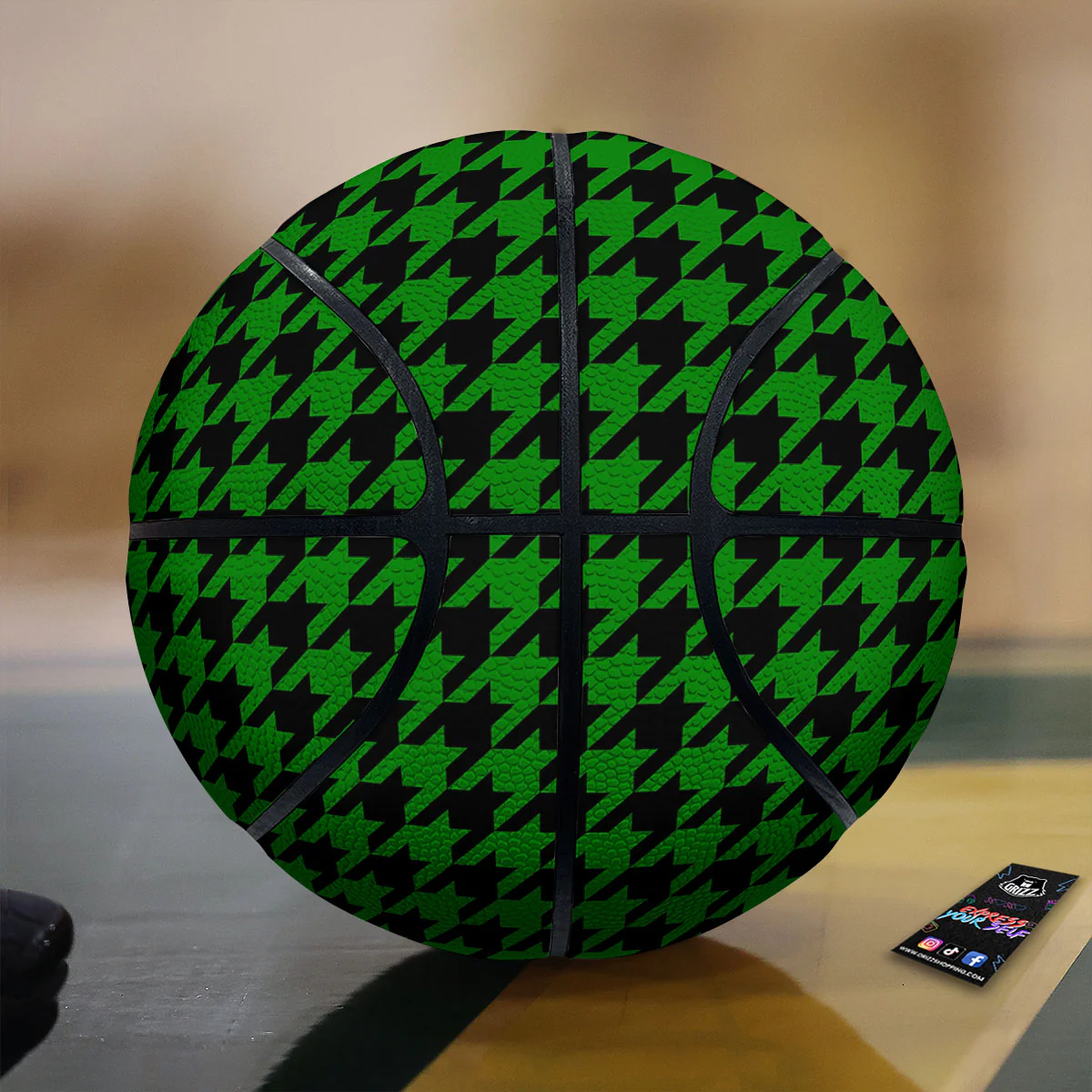 Black Green Jungle Houndstooth Print Basketball