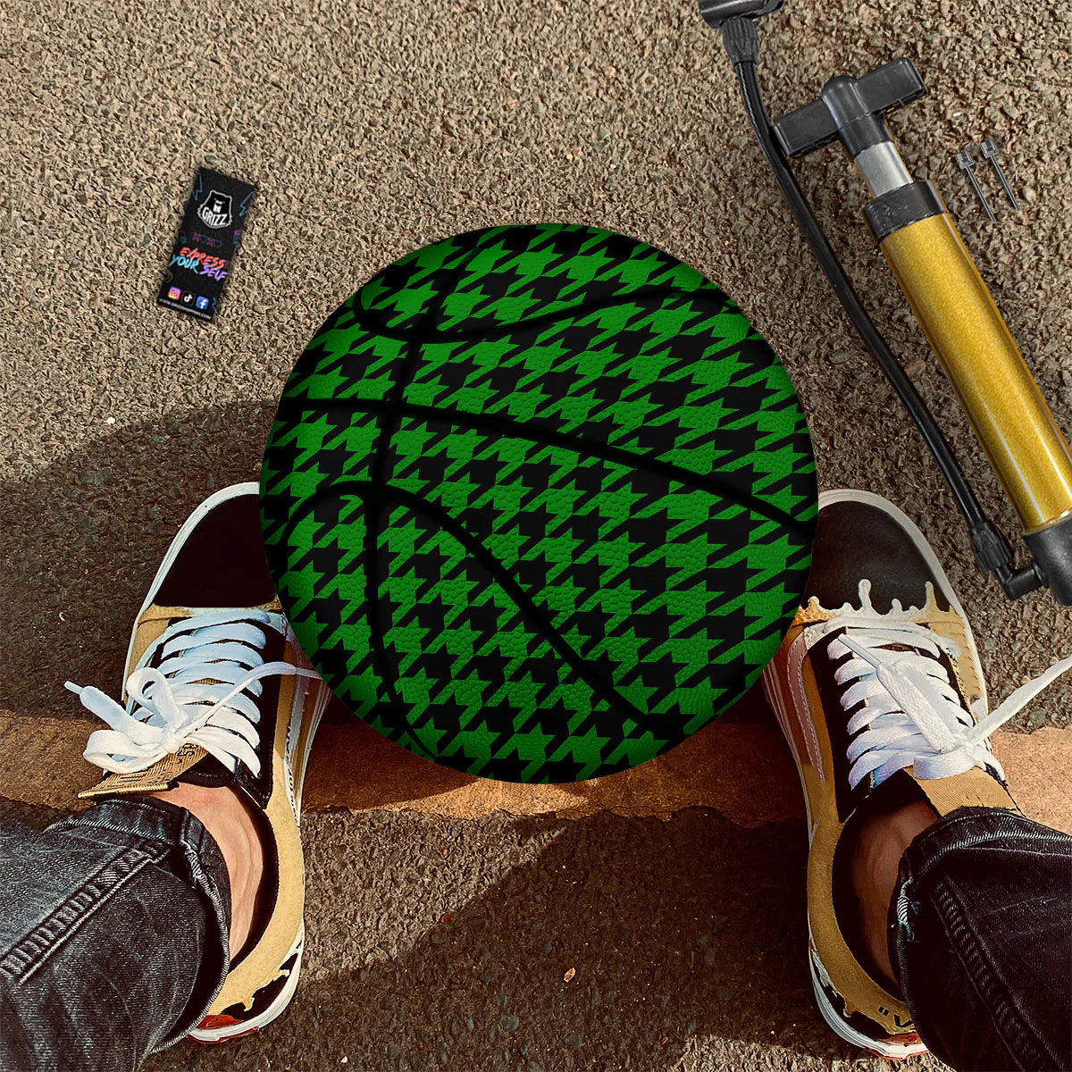 Black Green Jungle Houndstooth Print Basketball - Image 2