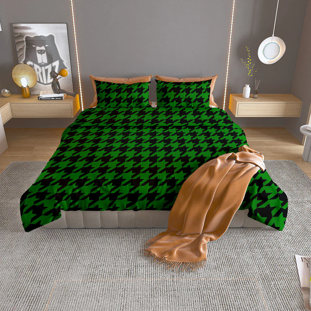 Black Green Jungle Houndstooth Print Duvet Cover Bedding Set