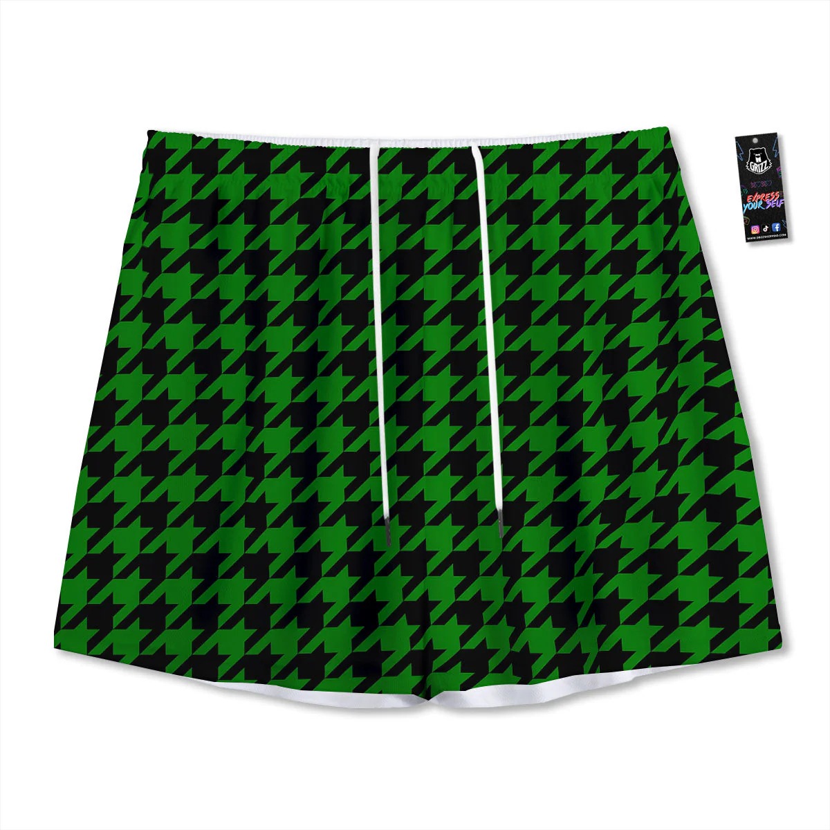 Black Green Jungle Houndstooth Print Mesh Shorts