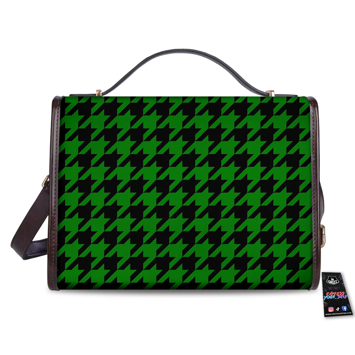 Black Green Jungle Houndstooth Print Women's Satchel Bag - Image 2