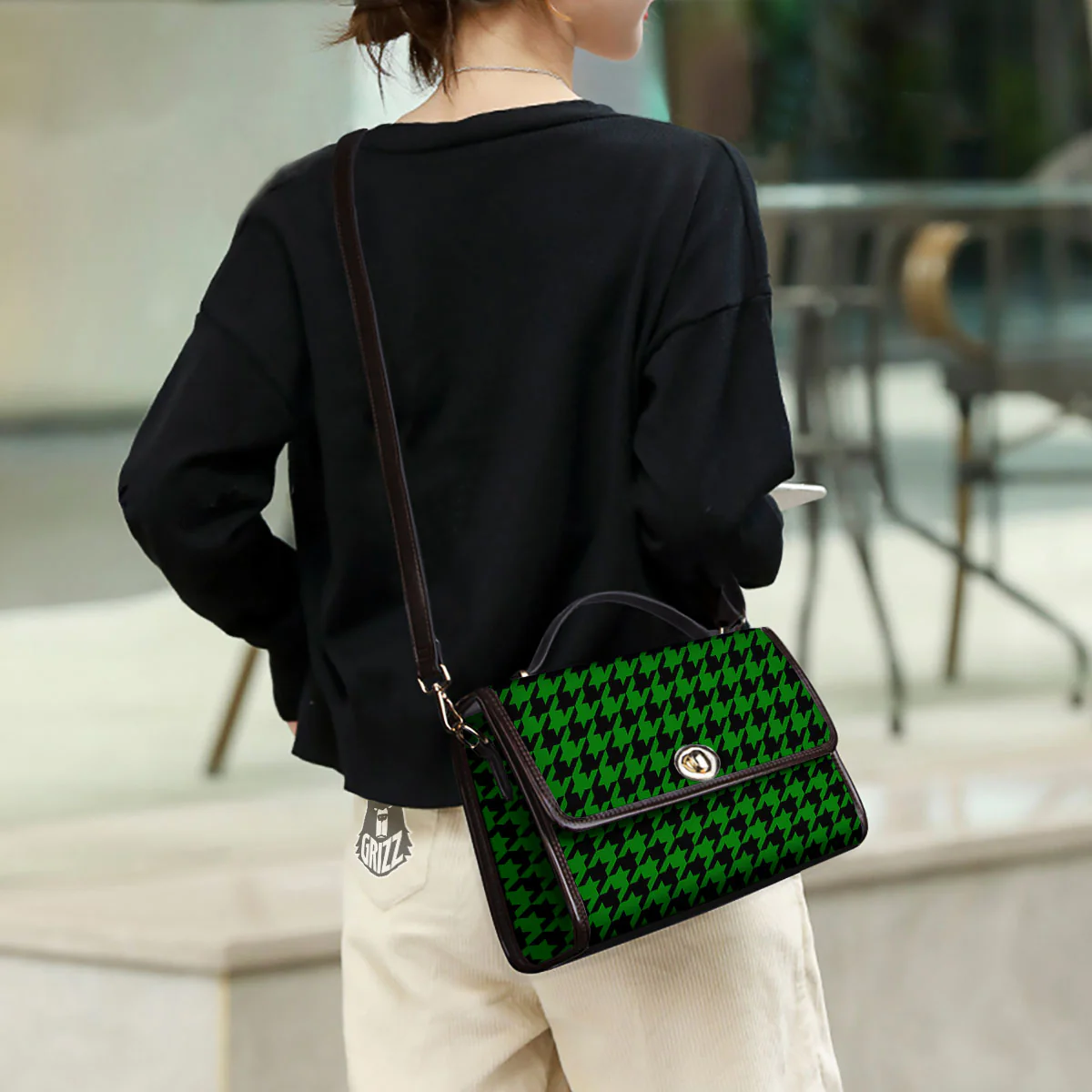 Black Green Jungle Houndstooth Print Women's Satchel Bag - Image 3