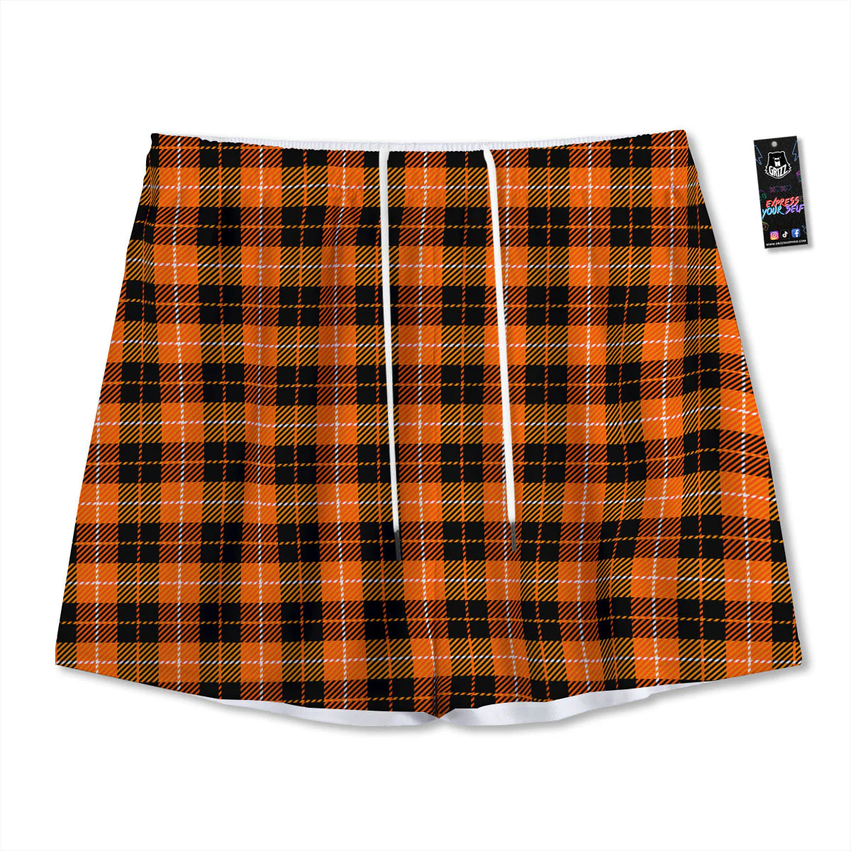Black Grey Orange And White Plaid Print Mesh Shorts