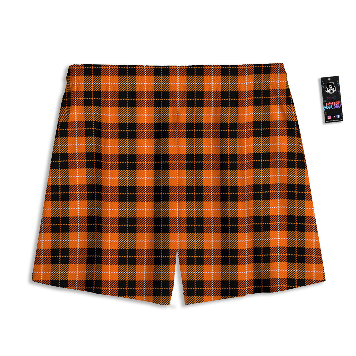 Black Grey Orange And White Plaid Print Mesh Shorts - Image 2