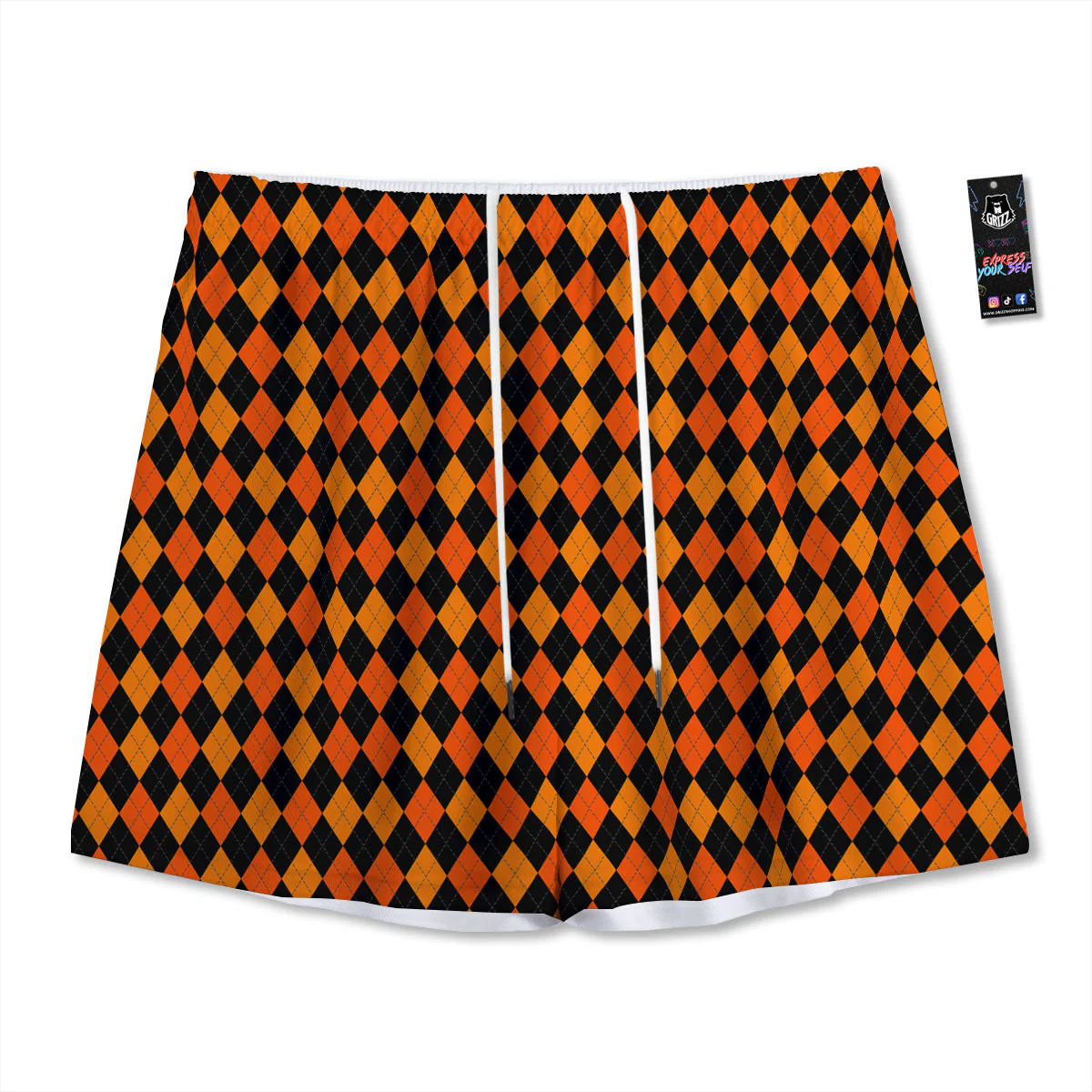Black Halloween And Orange Argyle Print Mesh Shorts