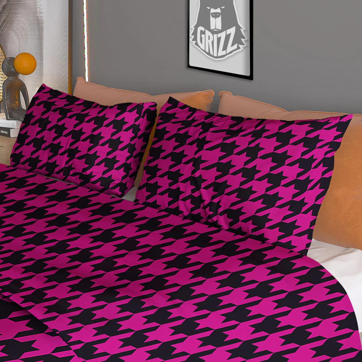 Black Houndstooth And Hot Pink Print Duvet Cover Bedding Set - Image 3