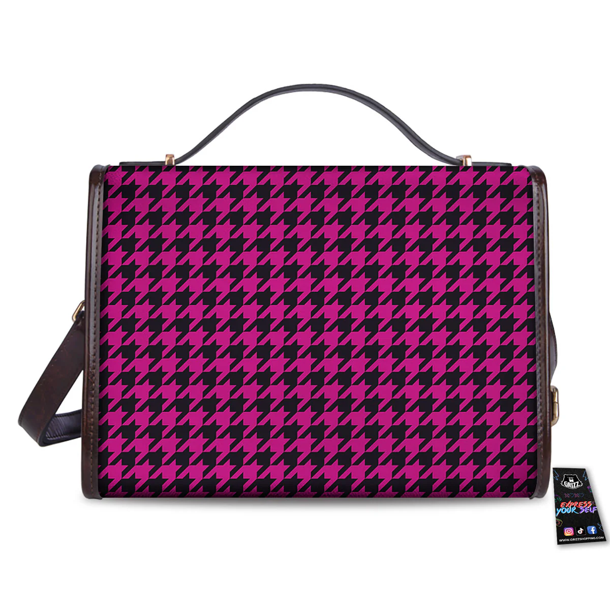 Black Houndstooth And Hot Pink Print Women's Satchel Bag - Image 2