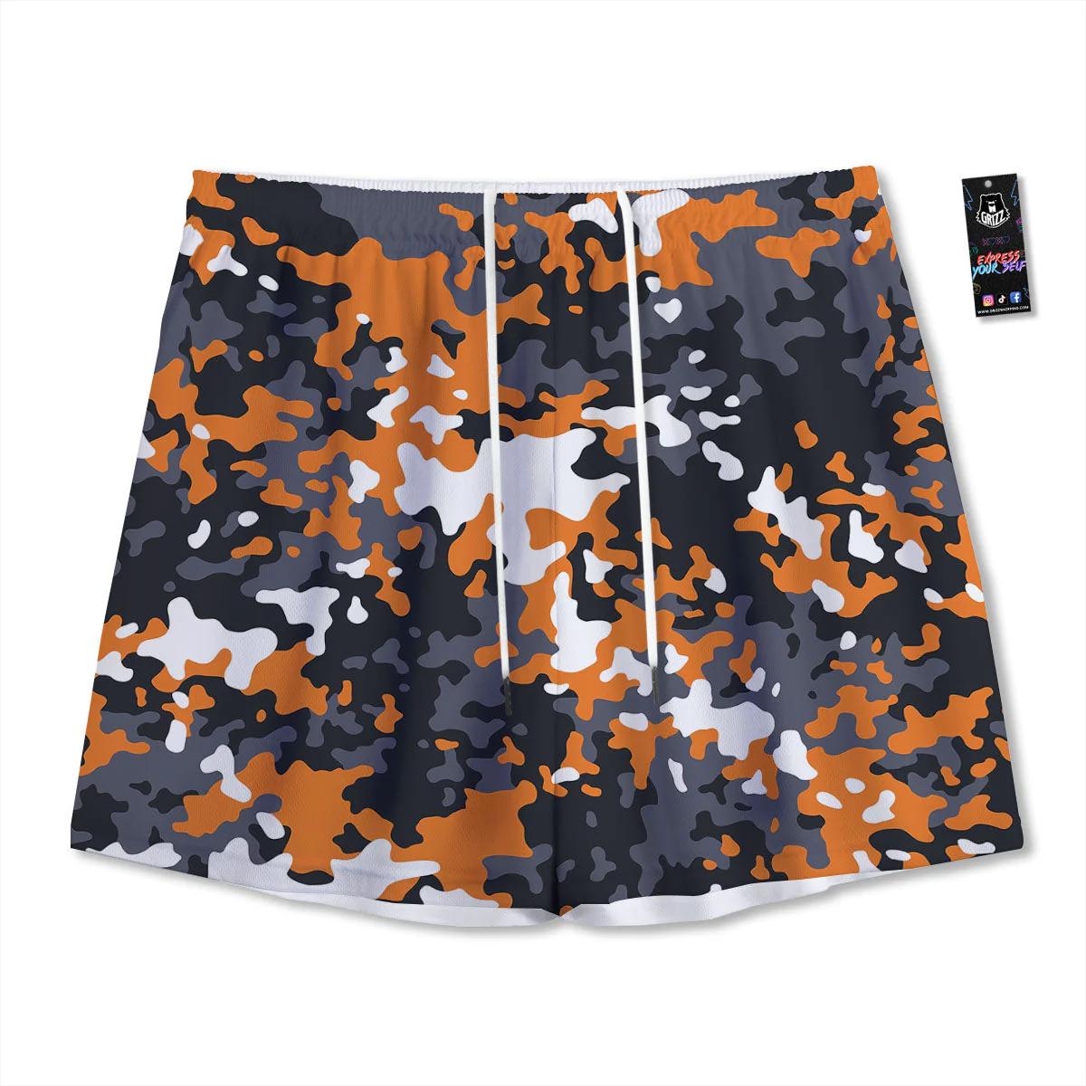 Black Orange And Grey Camouflage Print Mesh Shorts