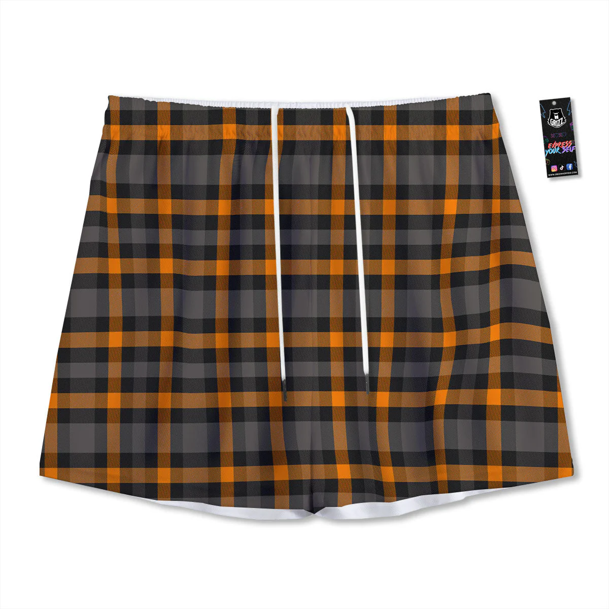Black Orange And Grey Plaid Print Pattern Mesh Shorts