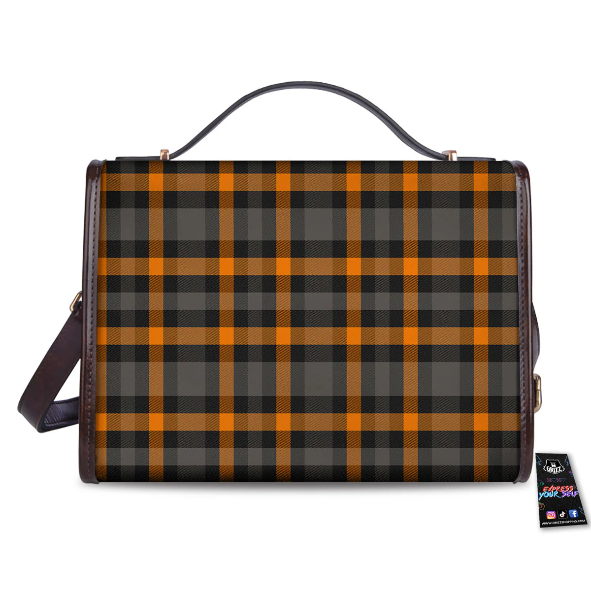 Black Orange And Grey Plaid Print Pattern Women's Satchel Bag - Image 2