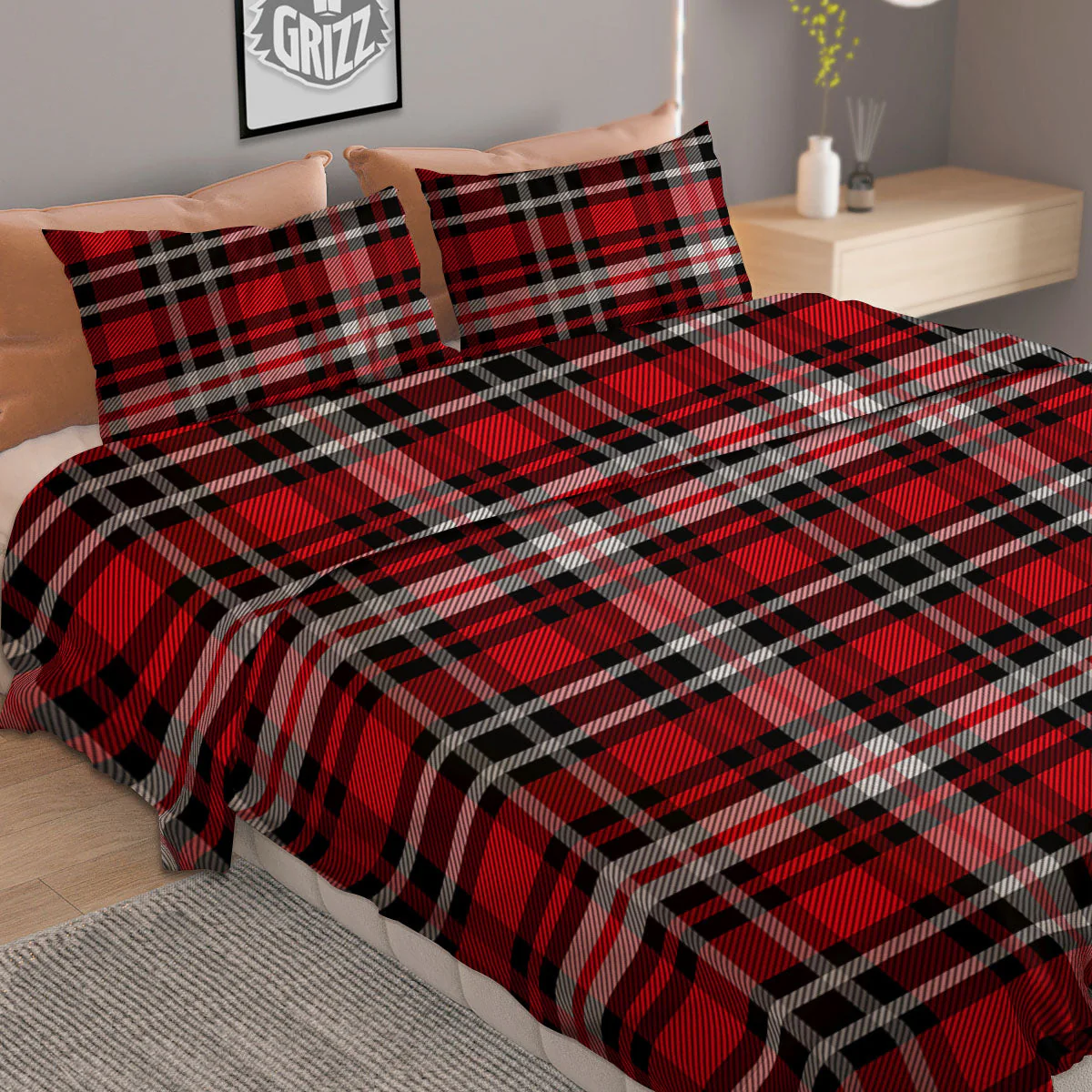 Black Red And White Tartan Print Pattern Duvet Cover Bedding Set - Image 2