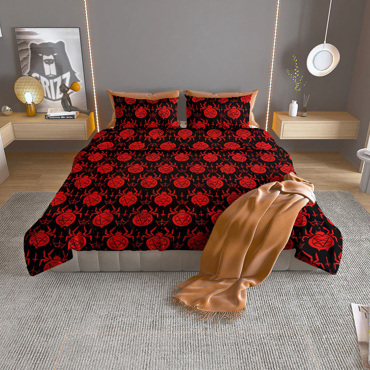 Black Red Spider Pentagram Print Pattern Duvet Cover Bedding Set