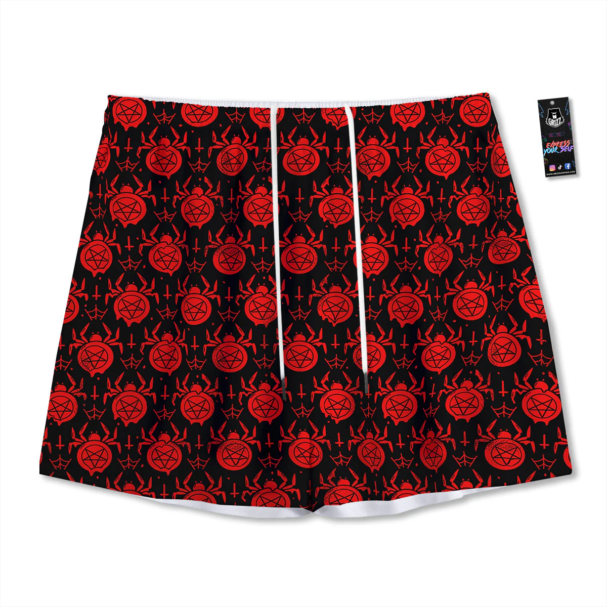 Black Red Spider Pentagram Print Pattern Mesh Shorts