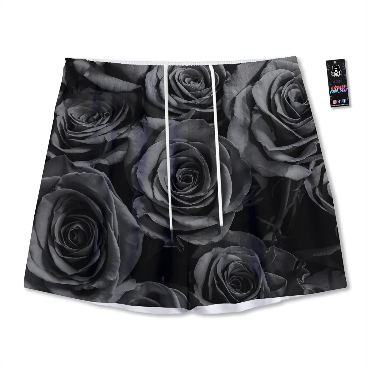 Black Rose Print Mesh Shorts