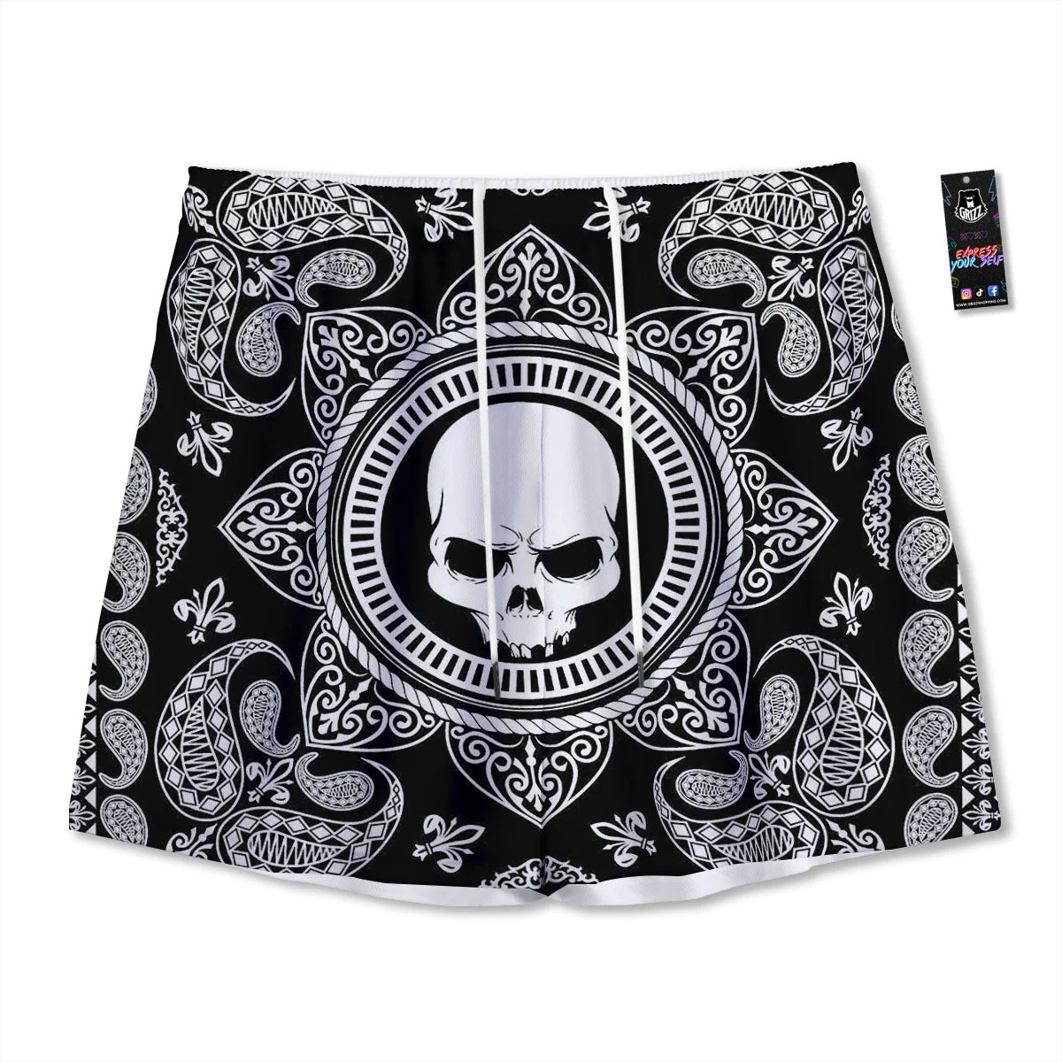 Black Skull Bandana Print Mesh Shorts