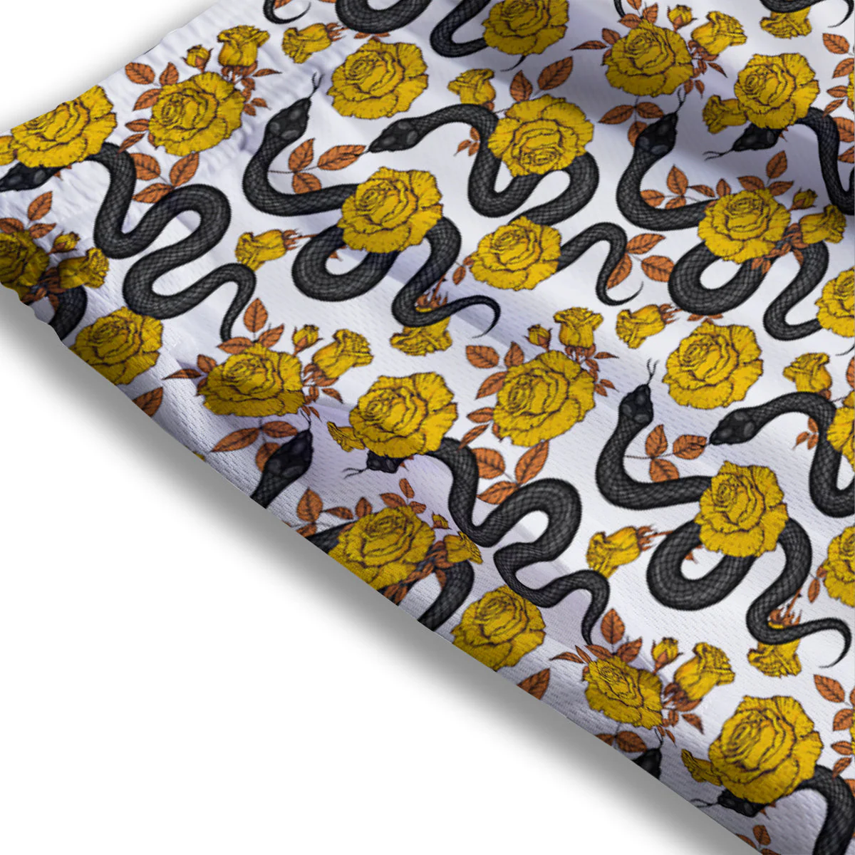 Black Snake And Gold Rose Print Pattern Mesh Shorts - Image 3
