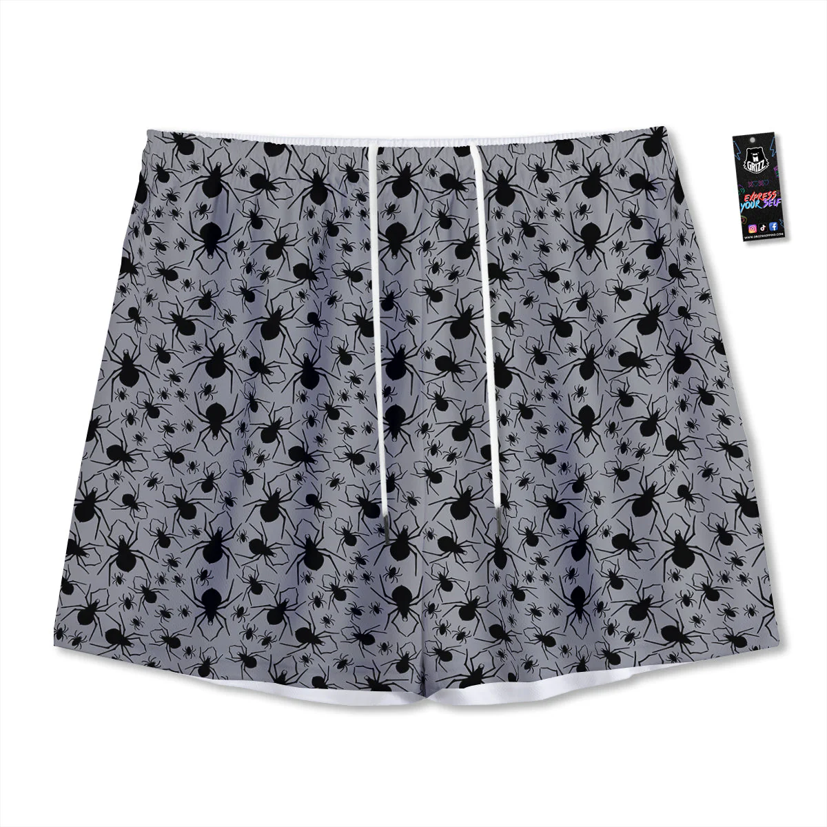 Black Spider And Grey Print Pattern Mesh Shorts
