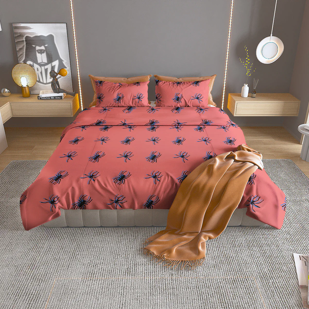 Black Spider Pink Print Pattern Duvet Cover Bedding Set
