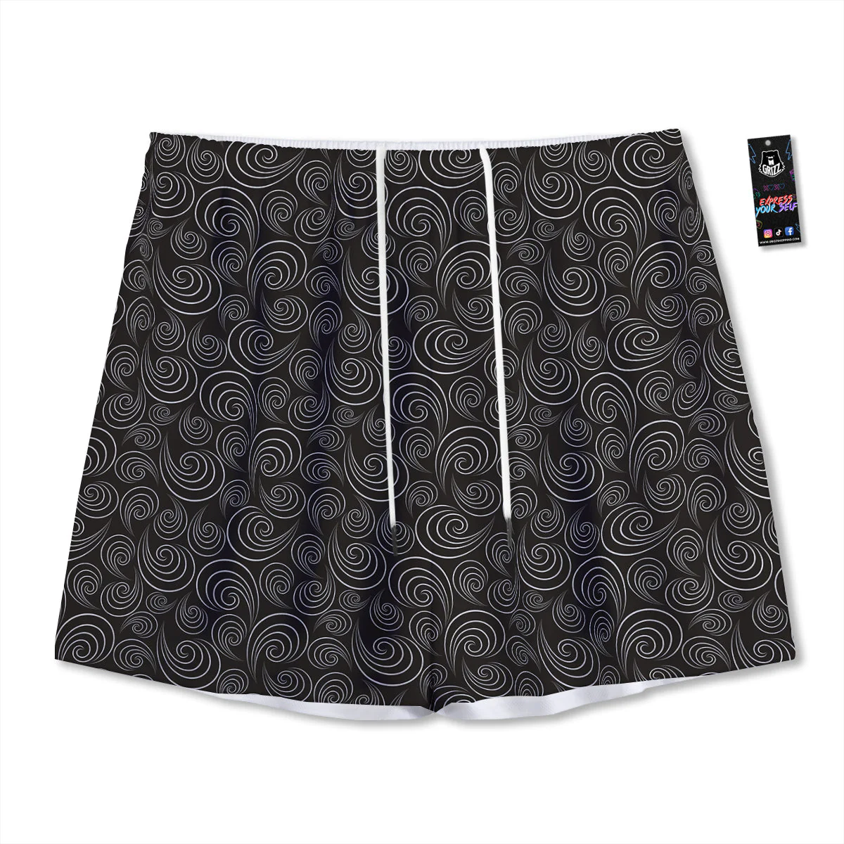 Black Spiral Wave Print Pattern Mesh Shorts