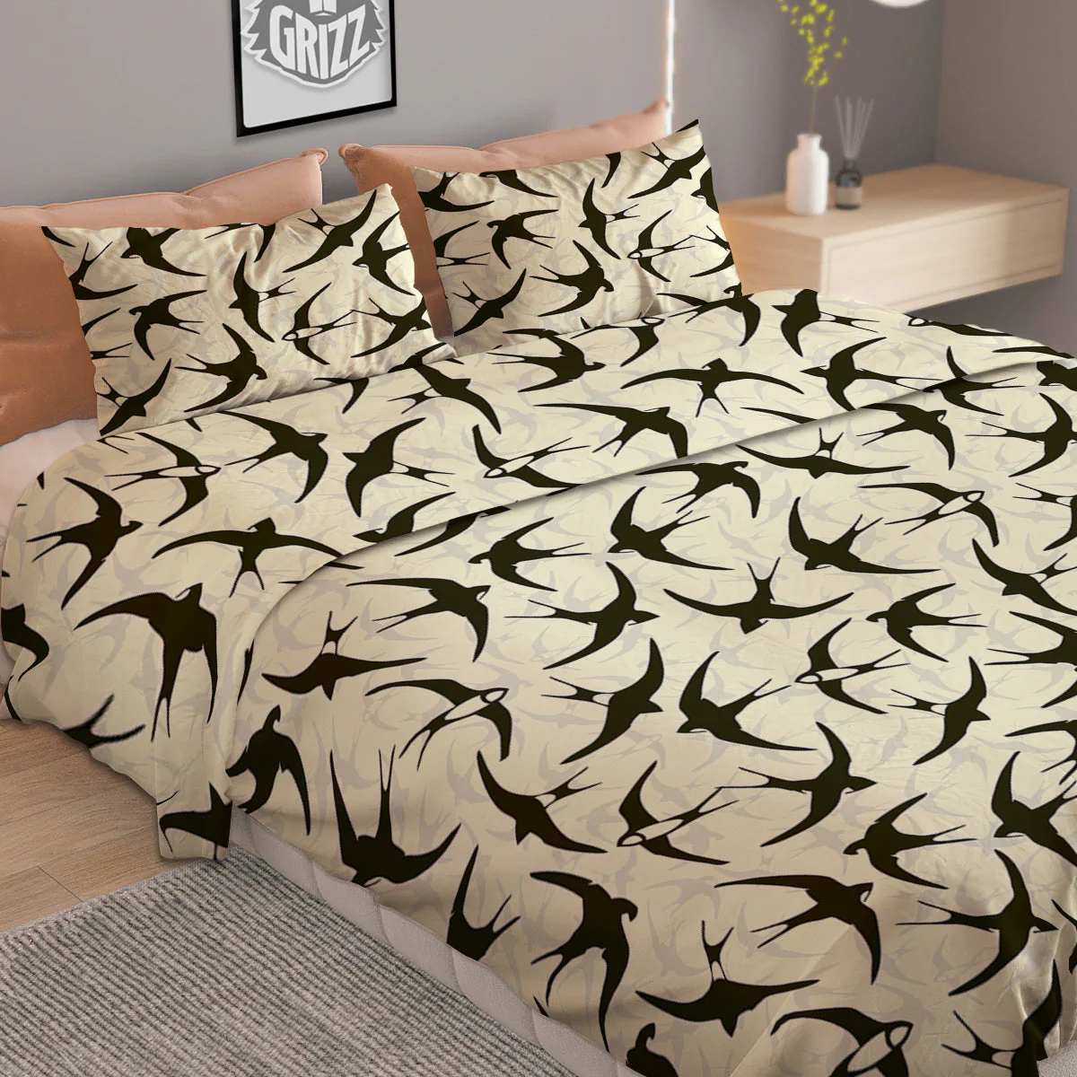 Black Swallow Vintage Print Pattern Duvet Cover Bedding Set - Image 2